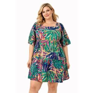 Mlle Gabrielle Dress Women 1X Plus Cotton Tiered Bold Floral Resortwear Boho